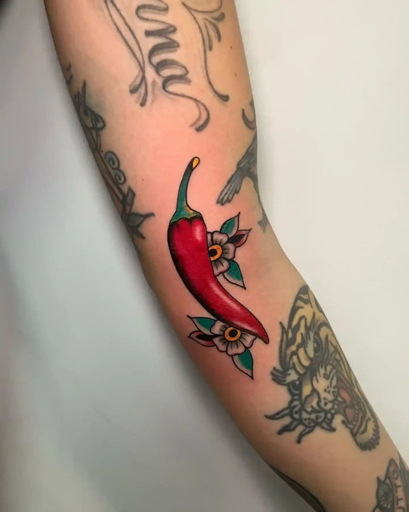 Red Chili Pepper with Flowers on Inner Forearm