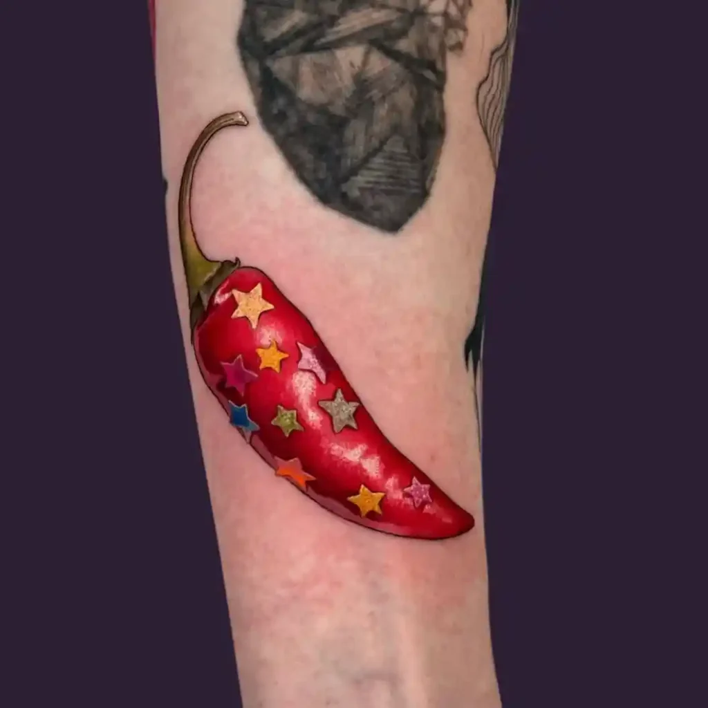 Red Chili Pepper with Stars on Forearm