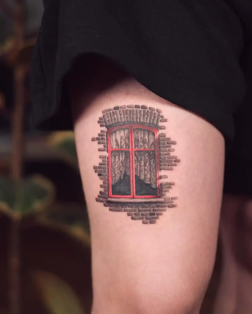 Red Framed Window in Brick Wall on Thigh