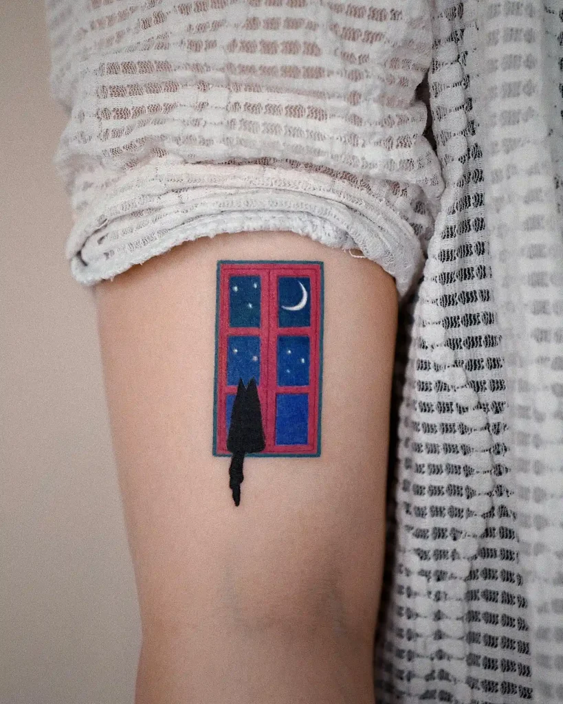 Red Window Night Scene on Inner Arm