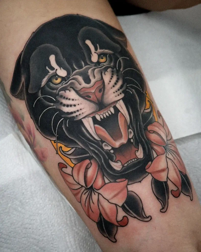 Roaring Panther Head with Peach Flowers on Arm