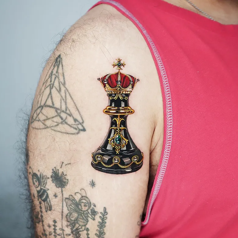 Royal King Chess Tattoo with Crown Detailing
