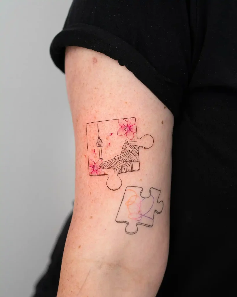Seoul Cityscape and Blossoms on Upper Arm