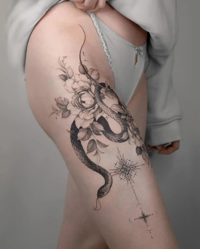 Serpent and Geometric Star on Thigh