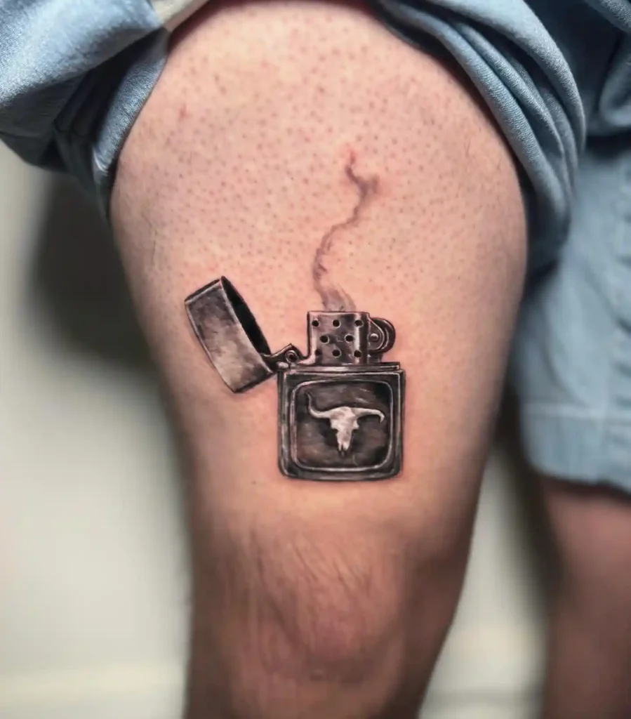 Silver Zippo with Bull Skull on Thigh