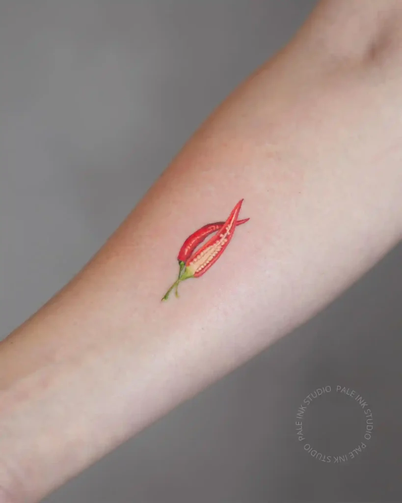 Sliced Red Chili Peppers on Inner Forearm