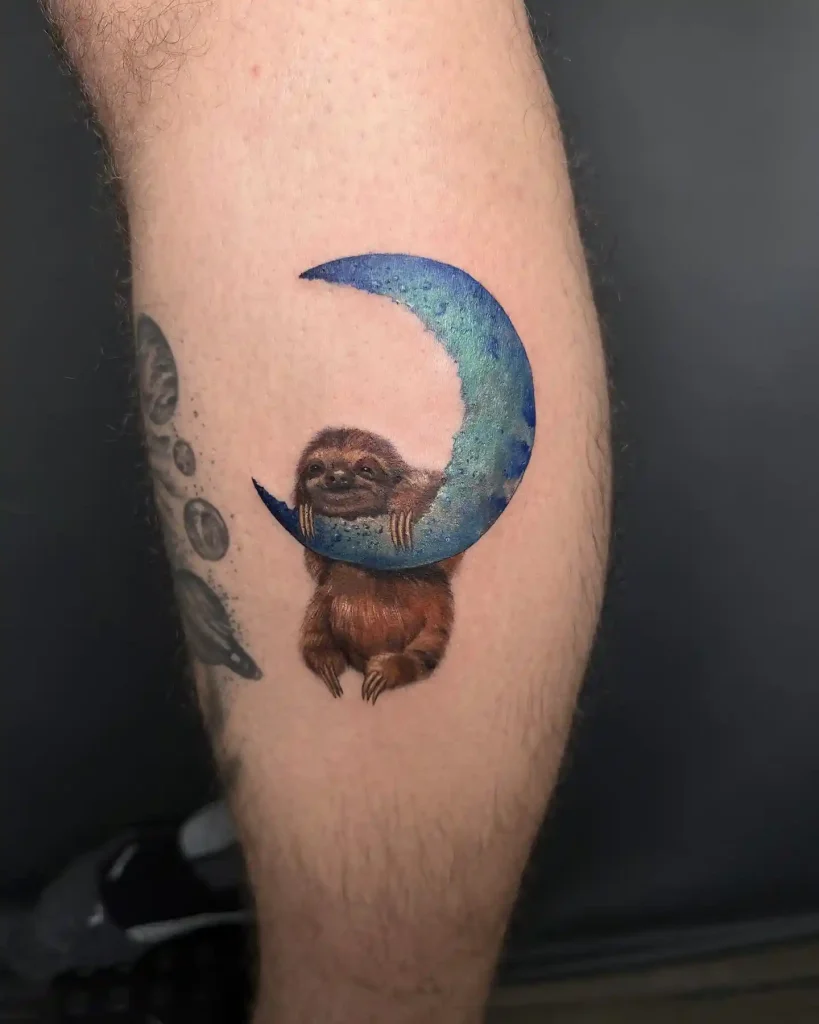 Sloth Hanging on Crescent Moon on Lower Leg