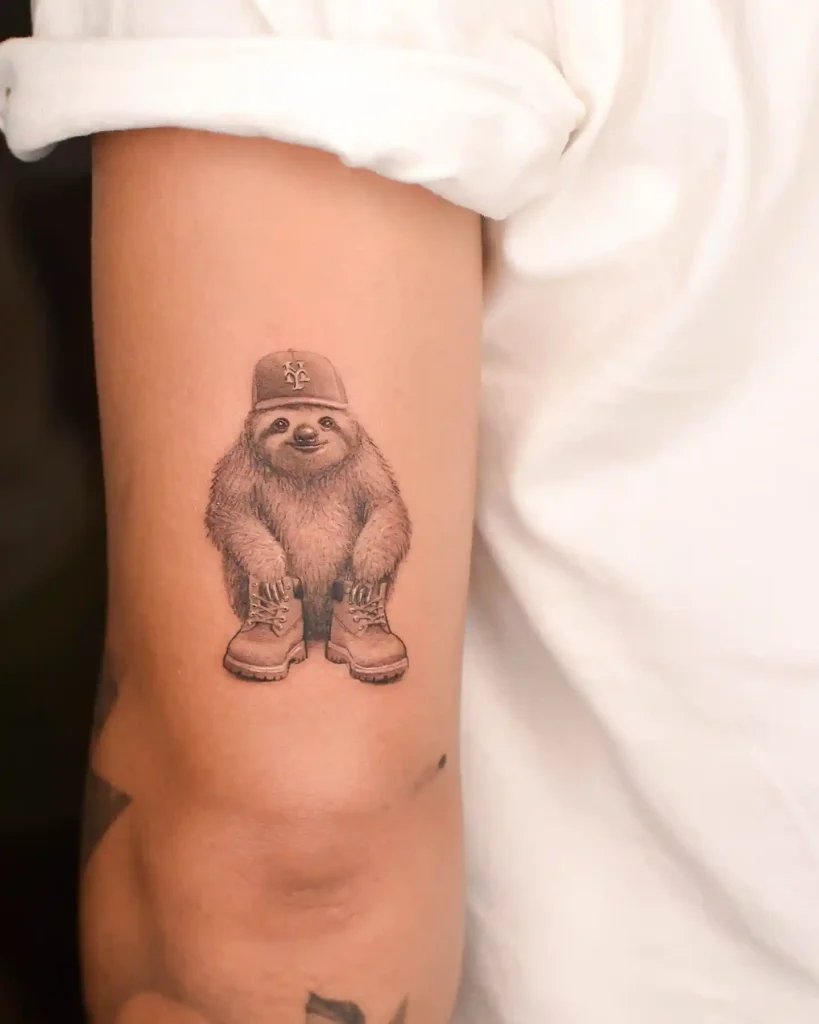 Sloth Wearing Baseball Cap and Boots on Upper Arm