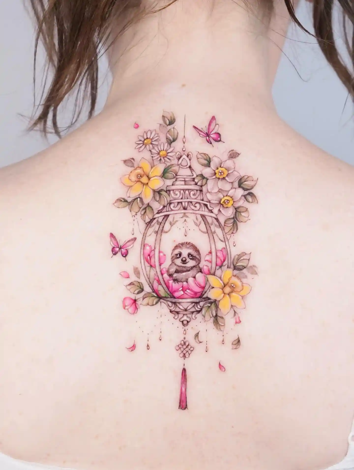 Sloth in Floral Lantern on Upper Back