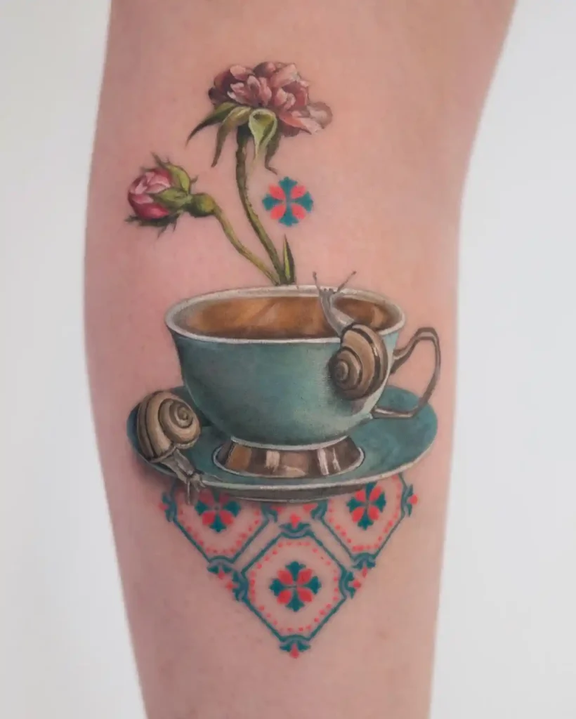 Snail and Teacup with Roses on Forearm