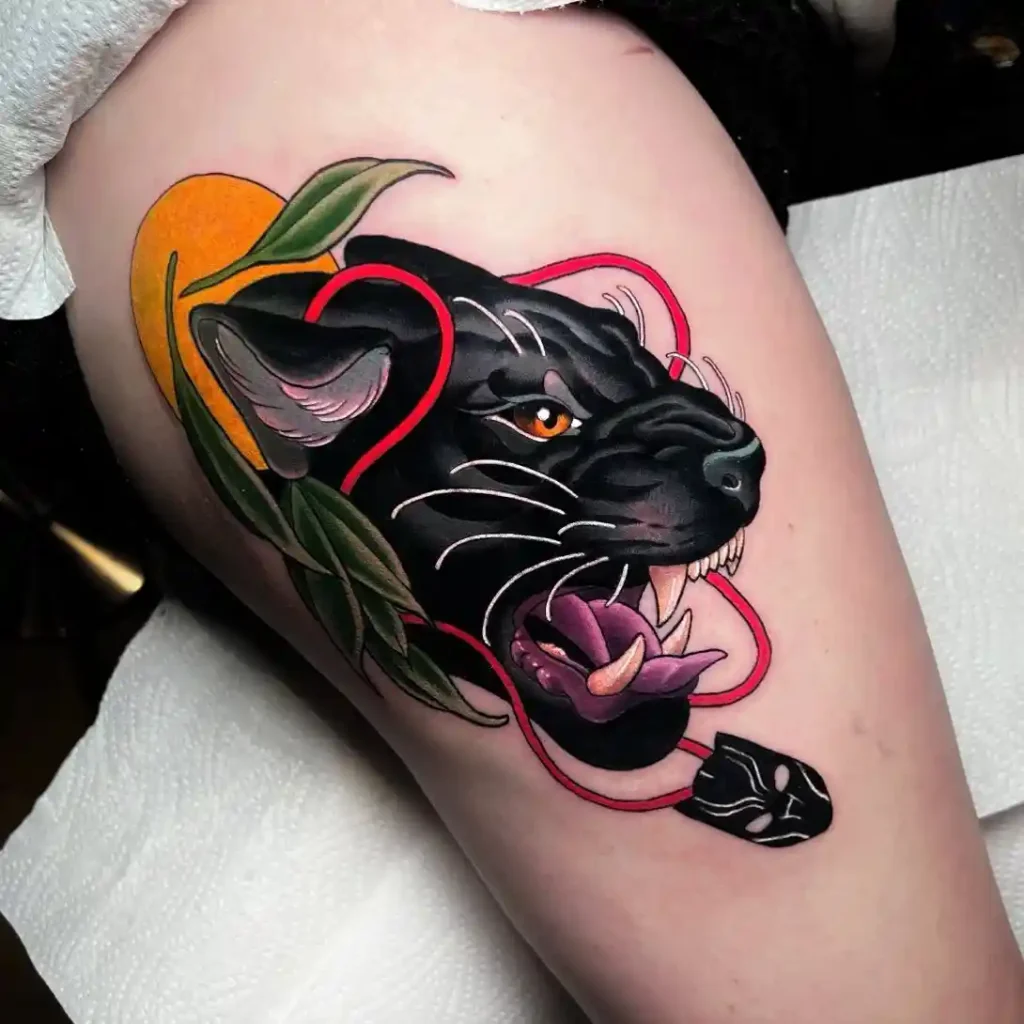 Snarling Black Panther with Cultural Mask on Thigh