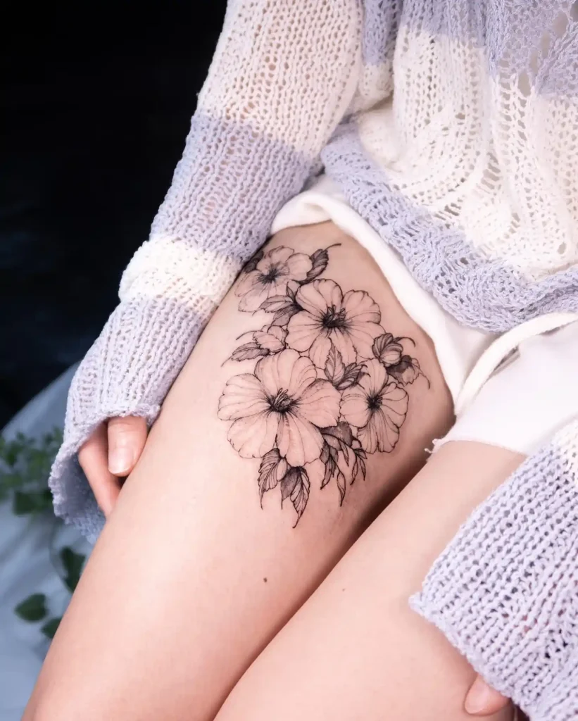 Soft Blackwork Floral Cluster on Thigh