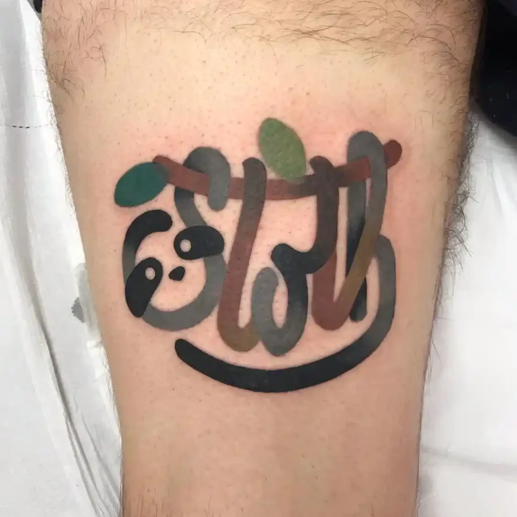 Stylized Calligraphy Sloth on Leg