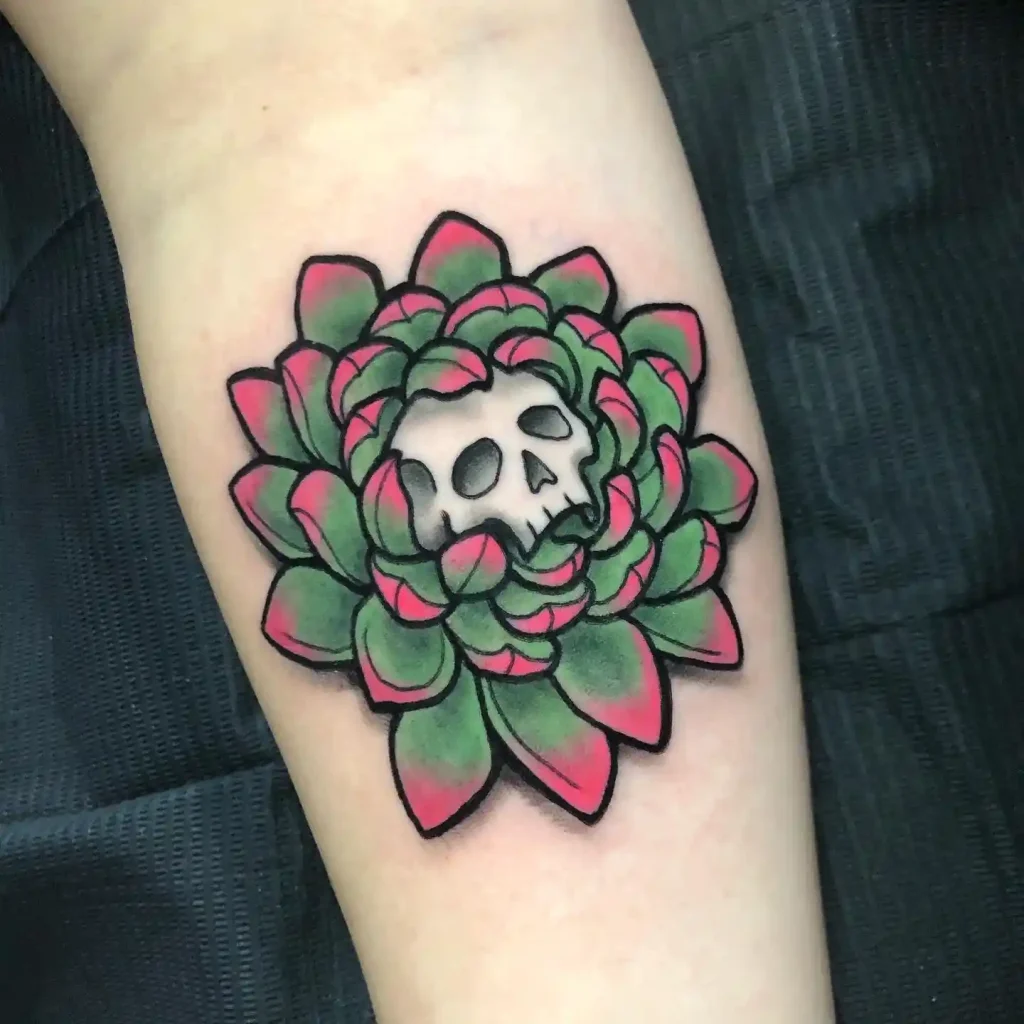 Succulent with Skull Tattoo on Forearm