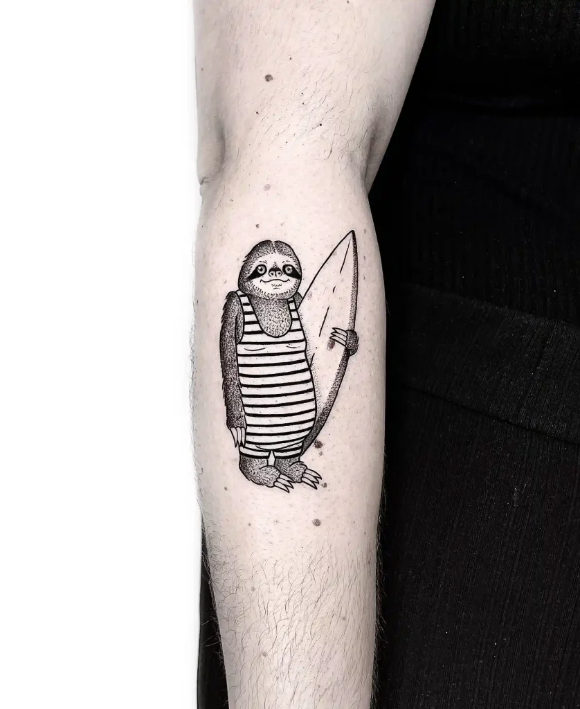 Surfing Sloth in Striped Swimsuit on Inner Forearm
