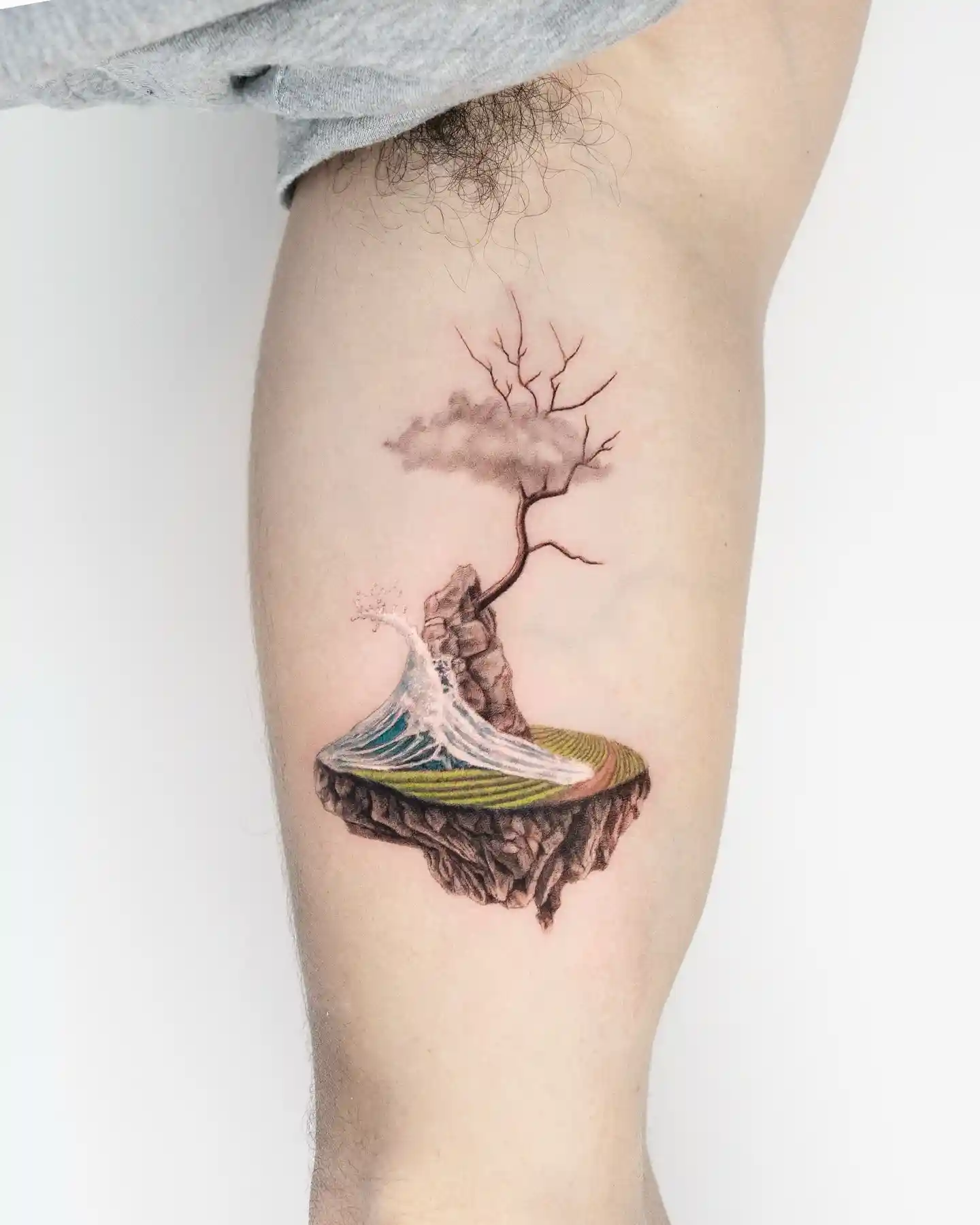 Surreal Floating Island with Ocean Wave on Leg
