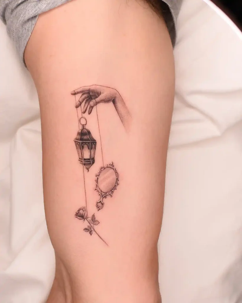 Surreal Hand Holding Hanging Lantern on Thigh