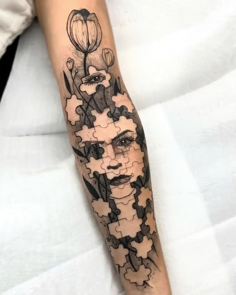 Surrealist Face and Florals on Outer Arm