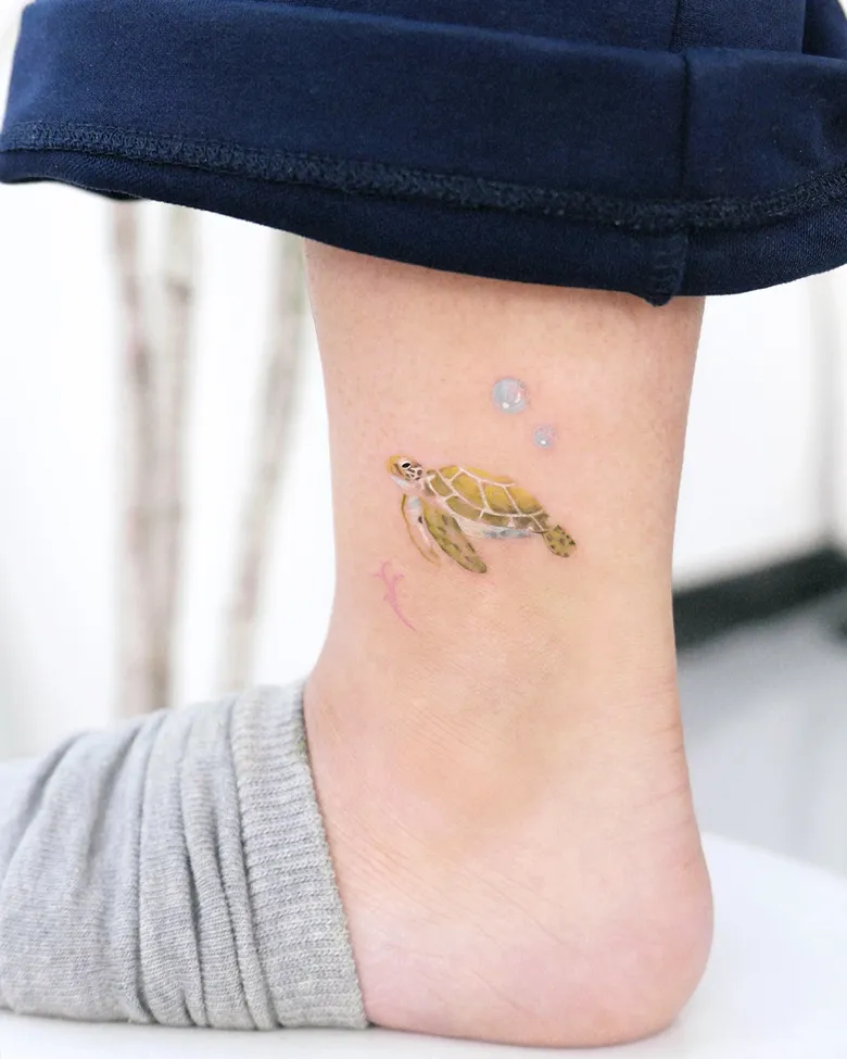 Tiny Baby Sea Turtle Tattoo for Ankle Placement