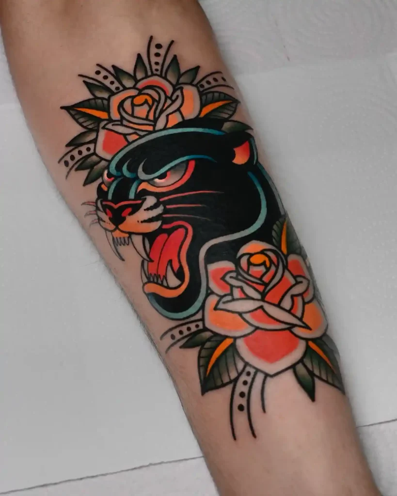 Traditional Black Panther and Roses on Forearm