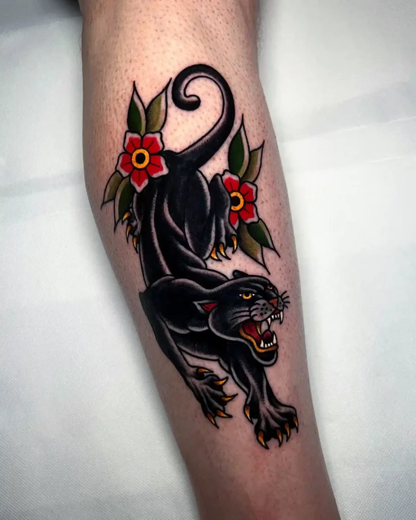 Traditional Crawling Panther with Red Flowers on Lower Leg