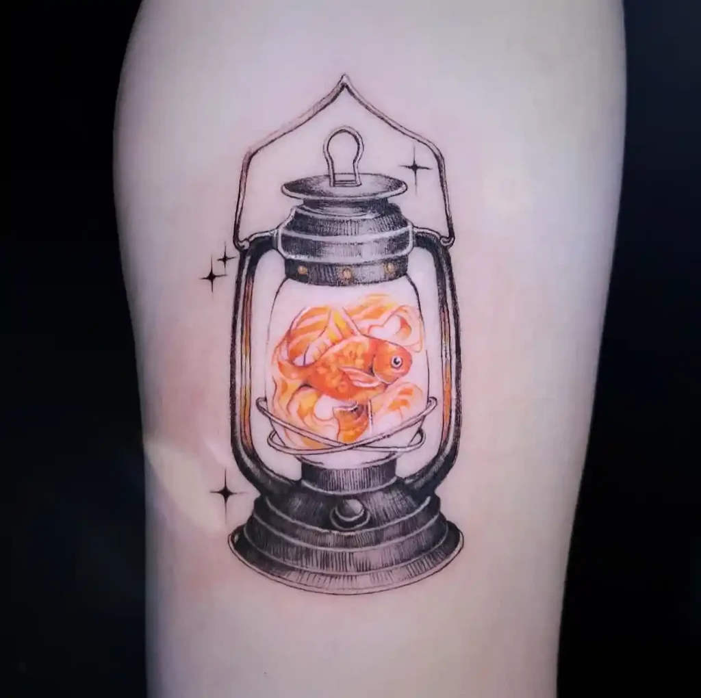 Traditional Oil Lantern with Goldfish on Forearm