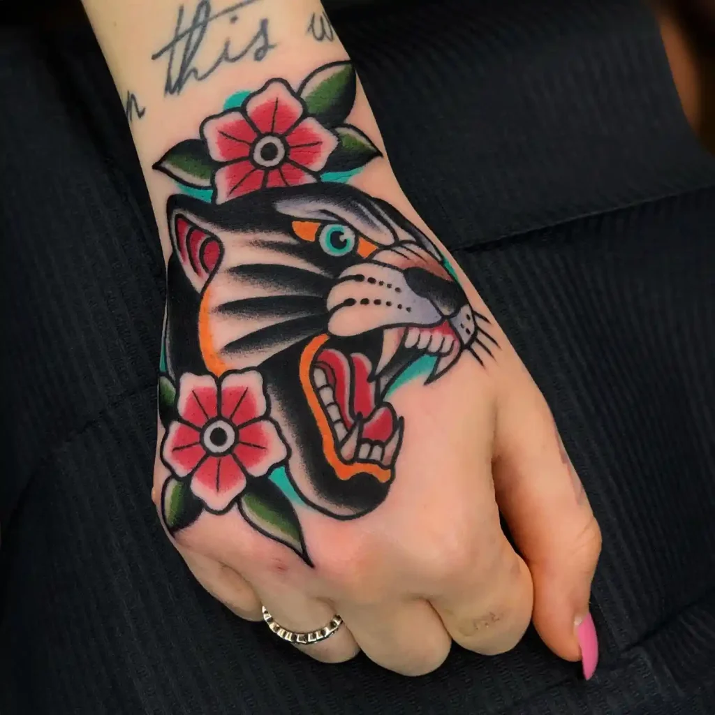 Traditional Panther Head with Flowers on Hand