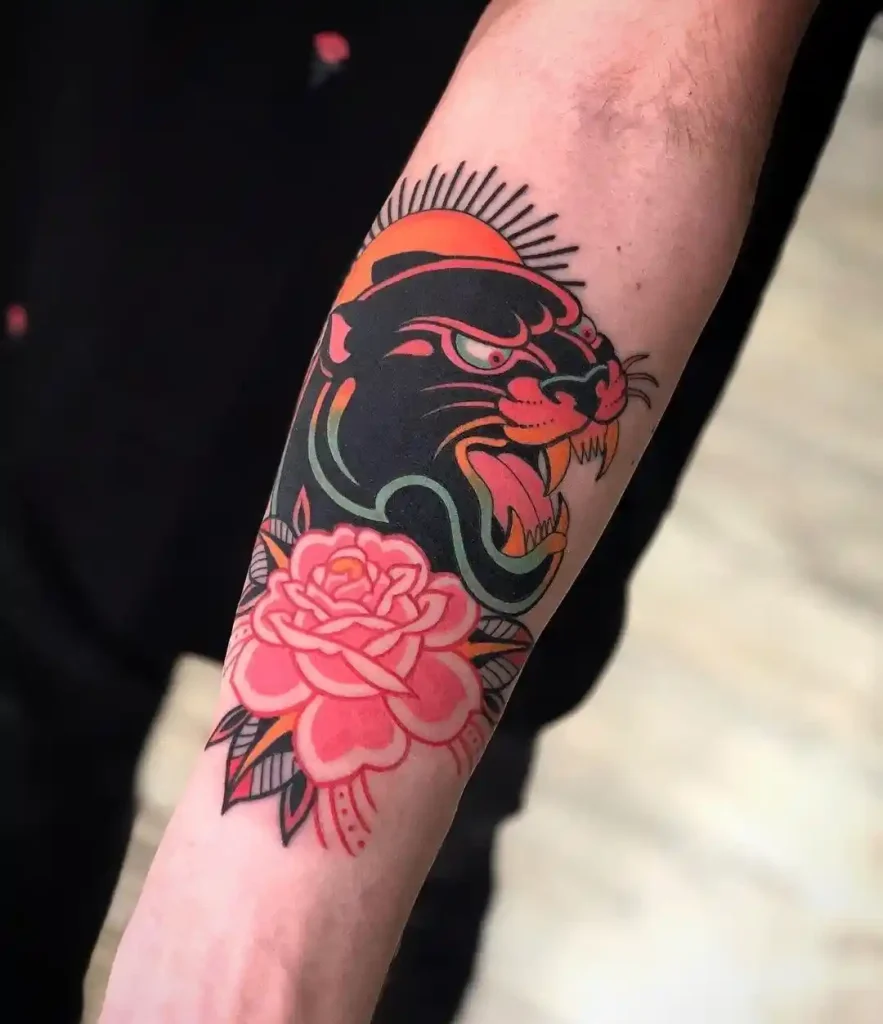 Traditional Panther and Rose on Forearm