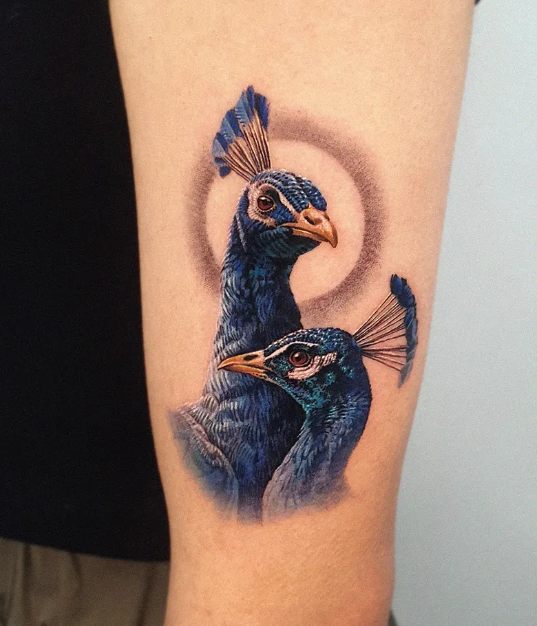 Twin Peacock Portrait Tattoo