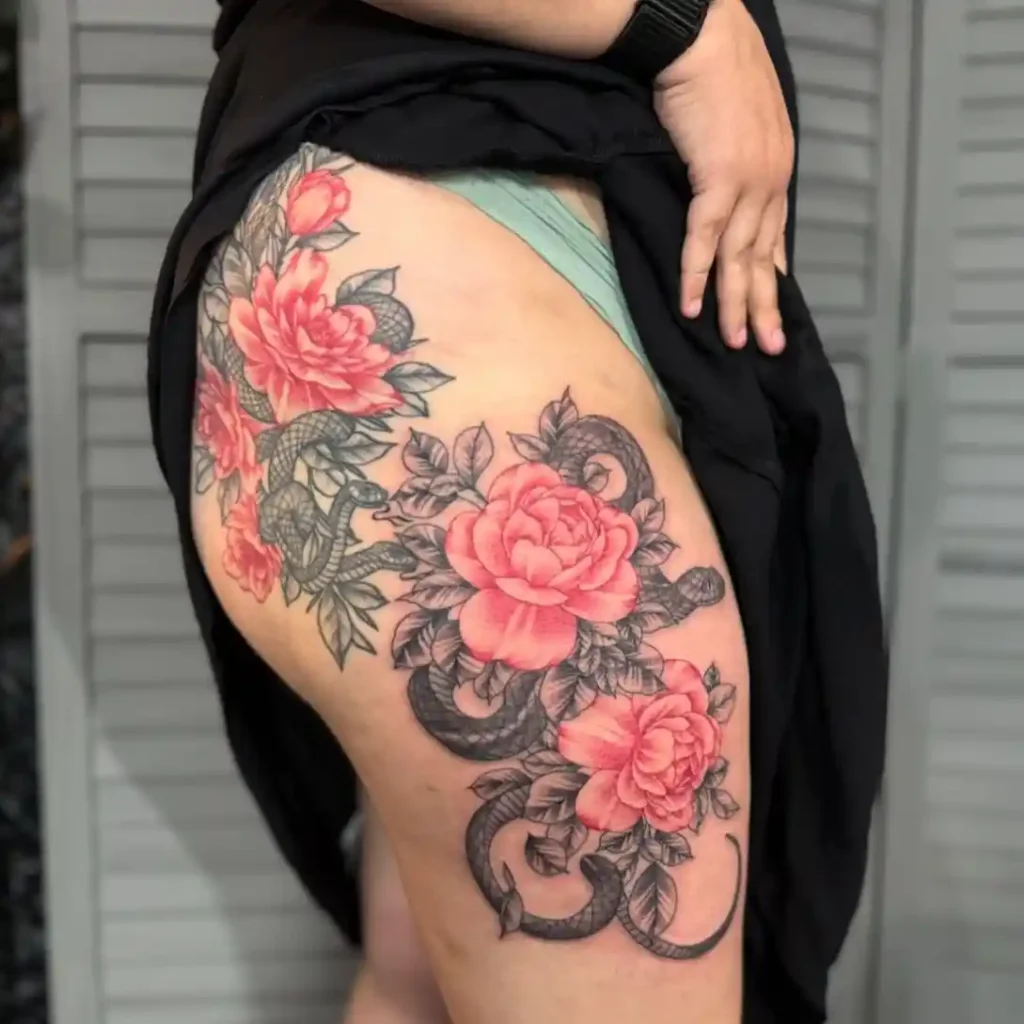 Vibrant Pink Peonies and Snake on Thigh
