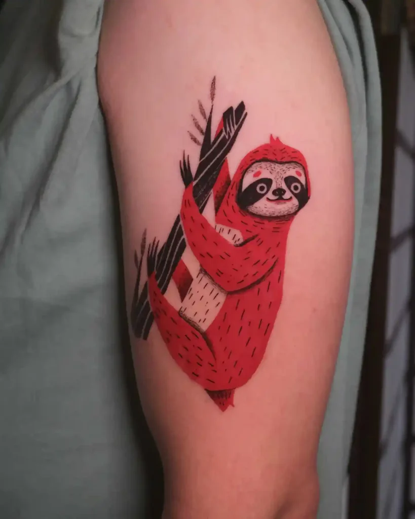 Vibrant Red Stylized Sloth on Upper Arm
