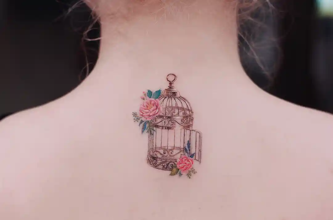 Vintage Birdcage and Rose on Upper Back