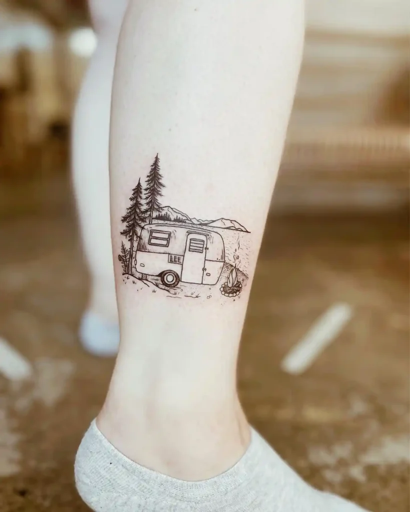Vintage Camper Scene on Lower Leg