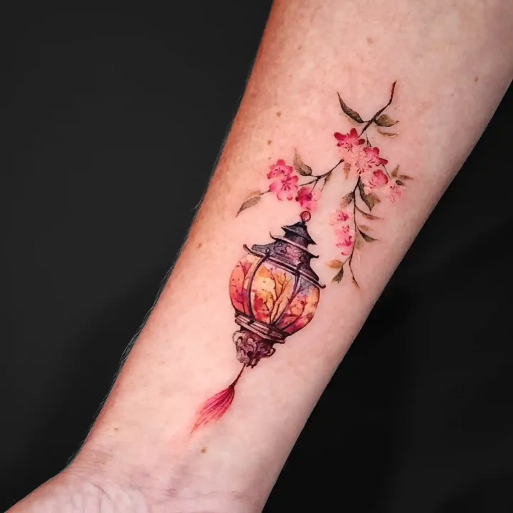 Watercolor Cherry Blossom Lantern on Forearm