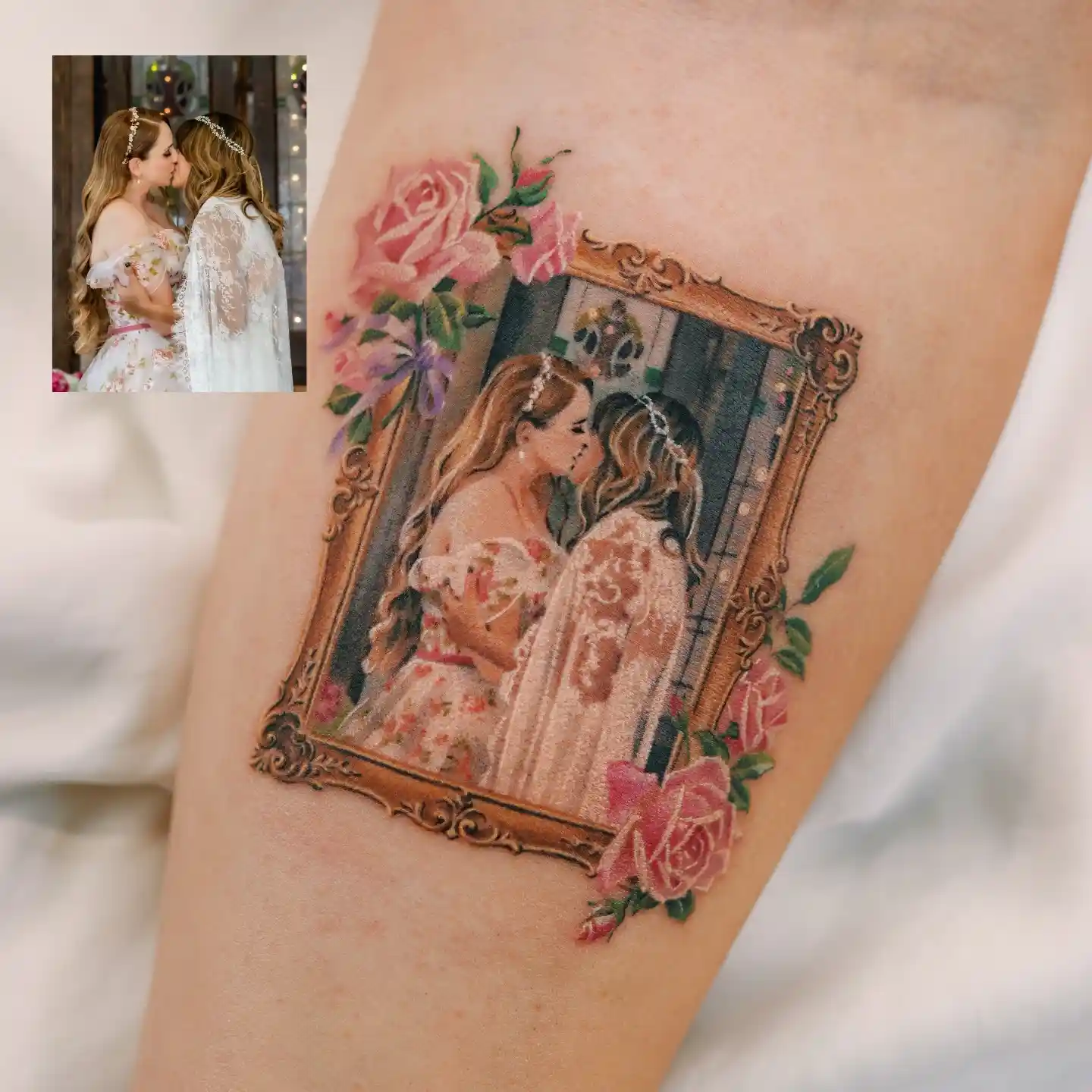 Wedding Portrait in Ornate Frame on Forearm
