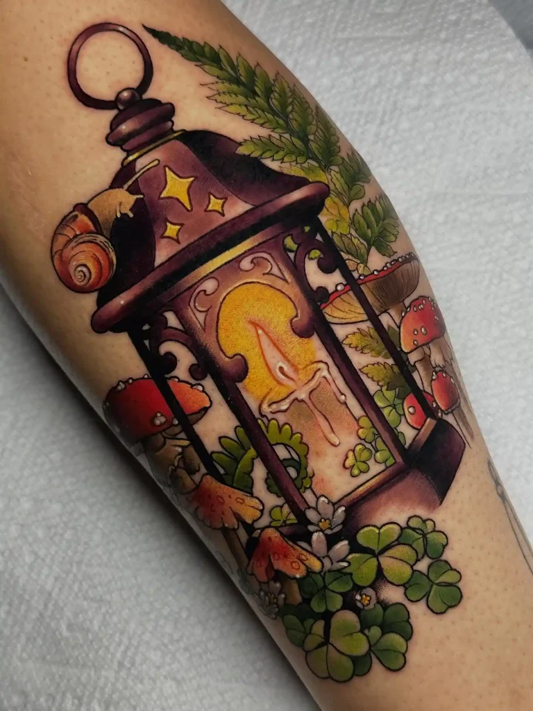 Whimsical Forest Lantern with Mushrooms on Leg