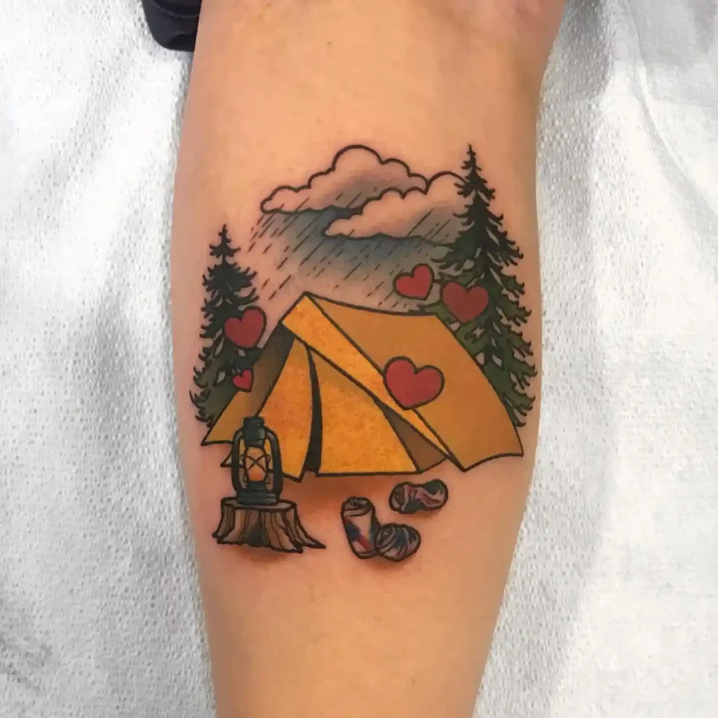 Yellow Tent and Pine Trees on Inner Forearm