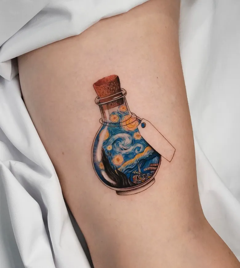 Artistic Starry Night Bottle Tattoo