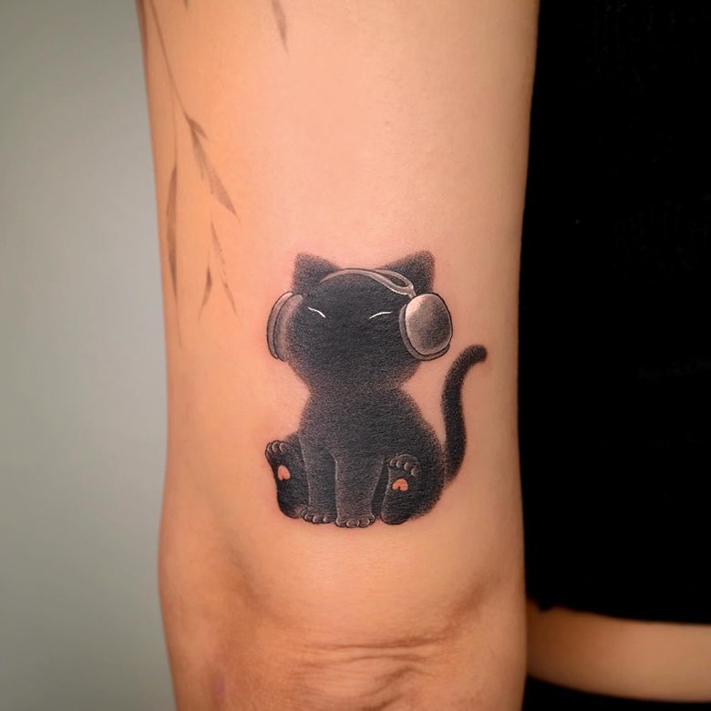 Black Cat Wearing Headphones Tattoo