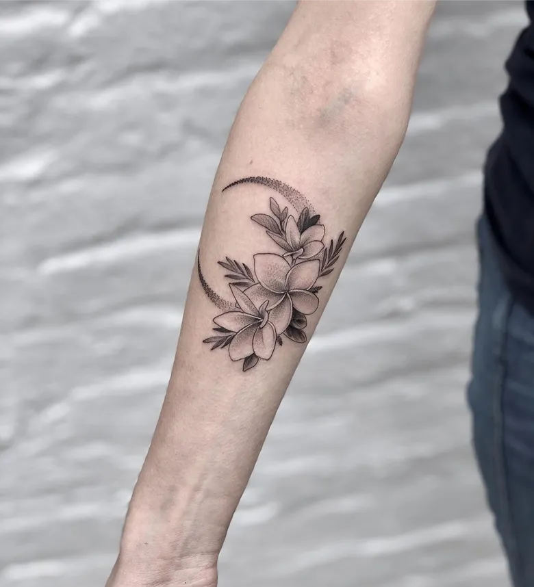 Black and Grey Crescent Moon Plumeria Tattoo