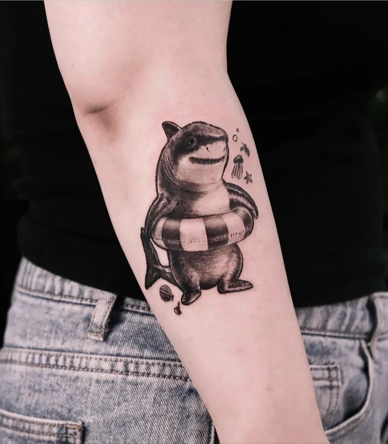 Black and Grey Cute Shark Floatie Tattoo