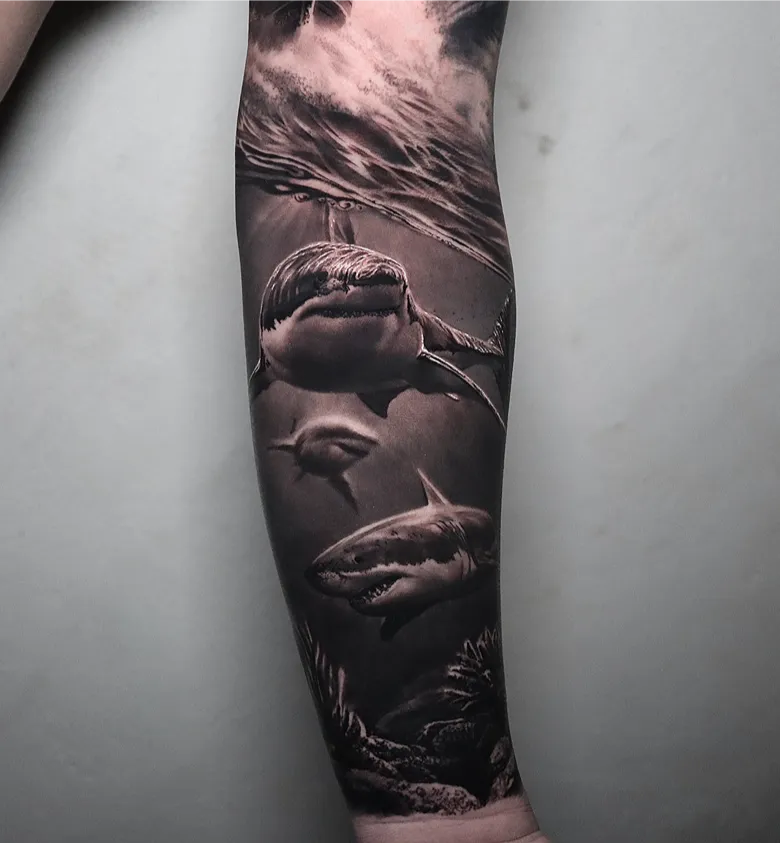 Black and Grey Realistic Underwater Shark Sleeve Tattoo