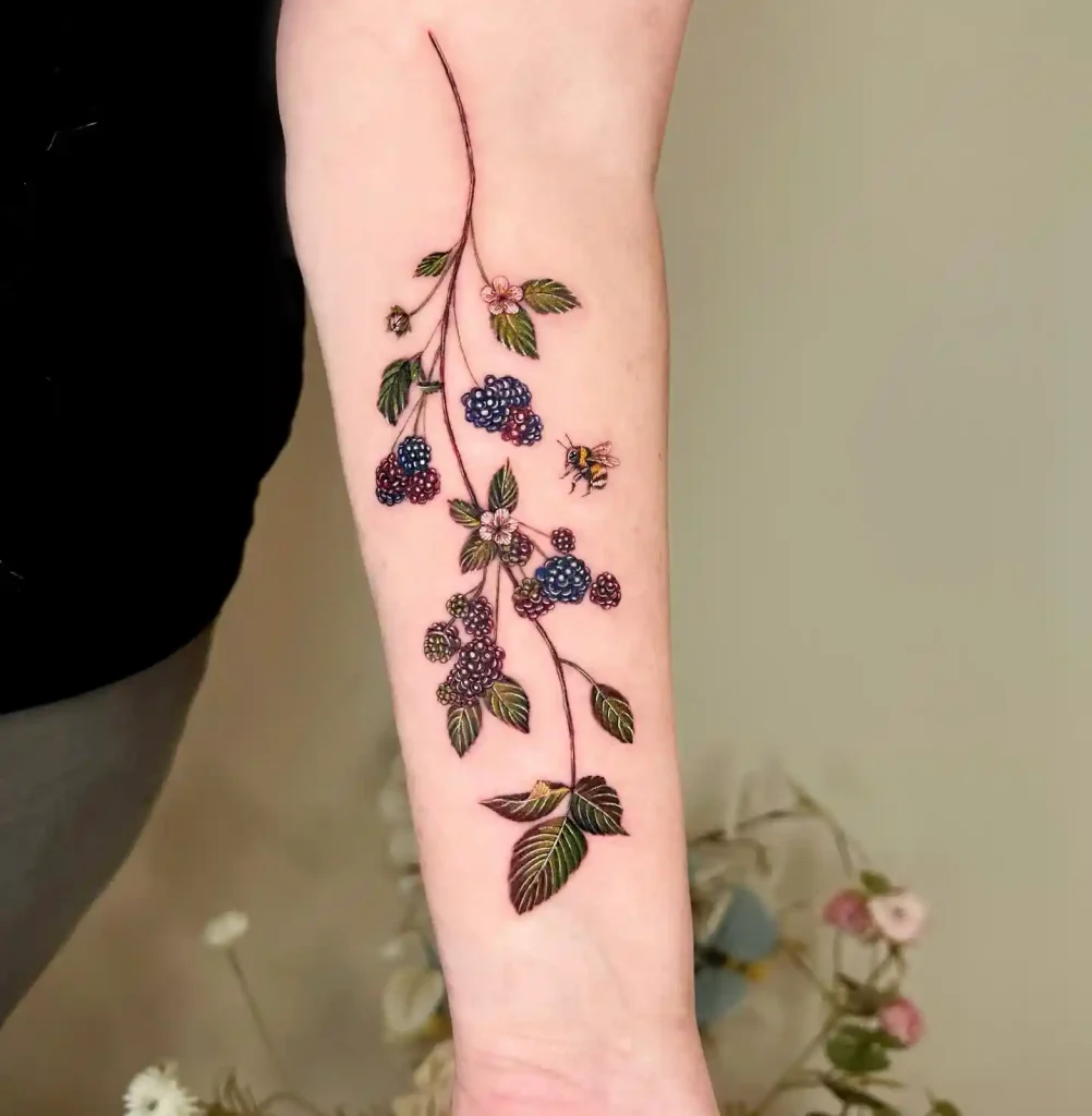 Blackberry Vine and Bumblebee Tattoo on Forearm