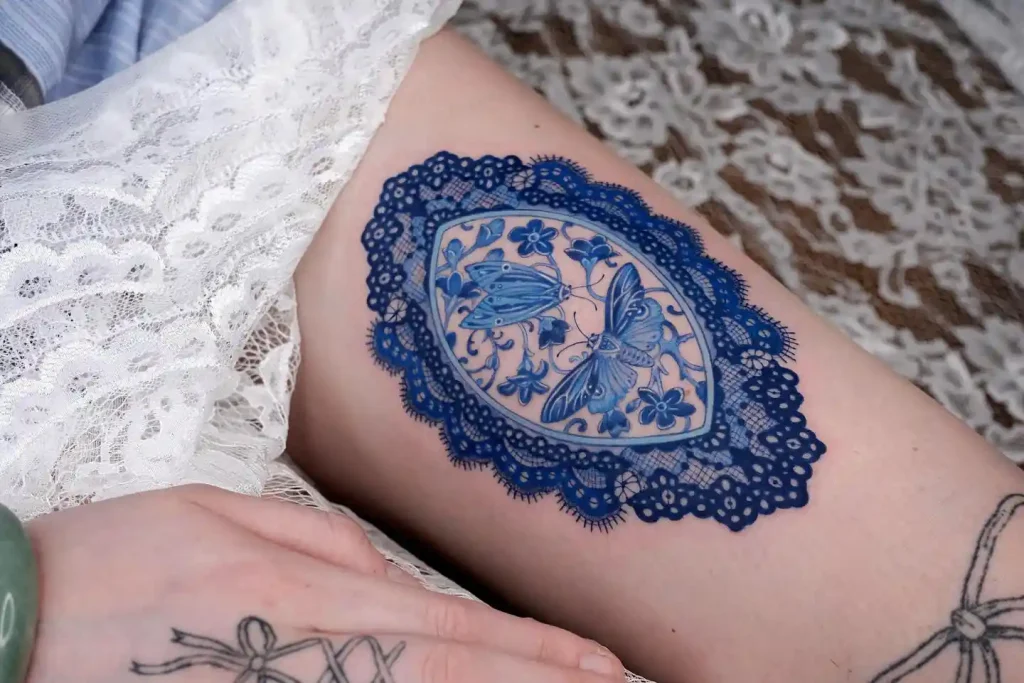 Blue Porcelain Lace and Moth on Upper Thigh