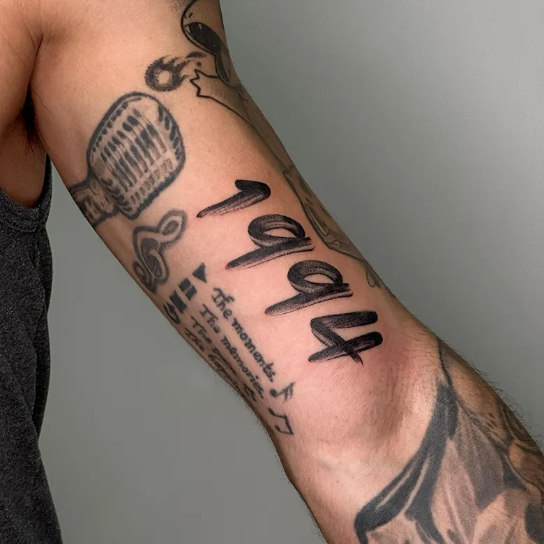 Bold Script Birth Year Tattoo Sleeve Addition