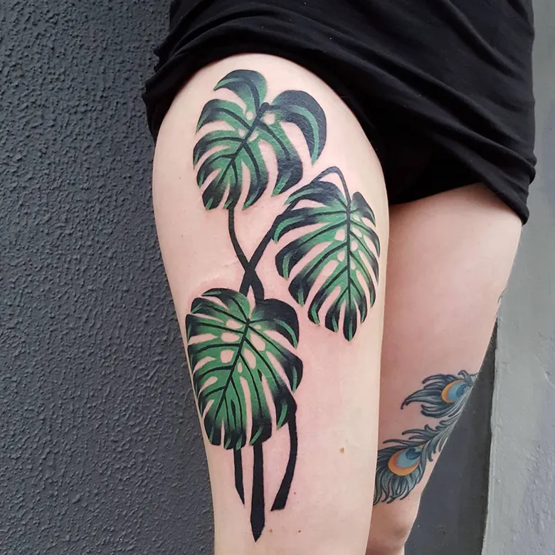 Bold Trio Monstera Thigh Tattoo