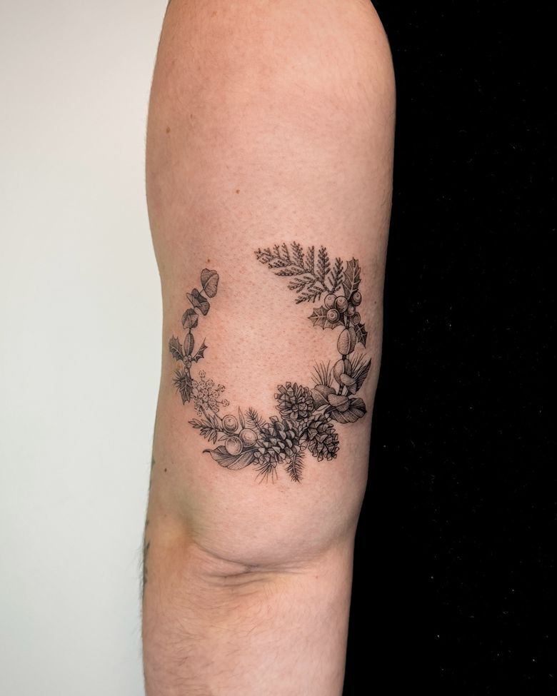 Botanical Blackwork Seasonal Wreath Arm Tattoo