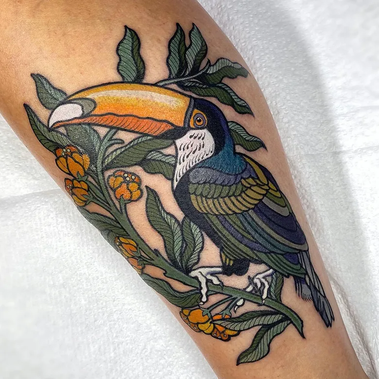 Botanical Toucan Traditional Tattoo