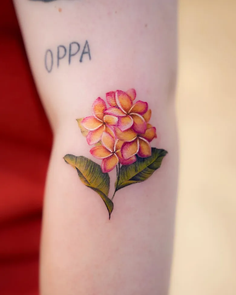 Bright Yellow Pink Plumeria Cluster Tattoo