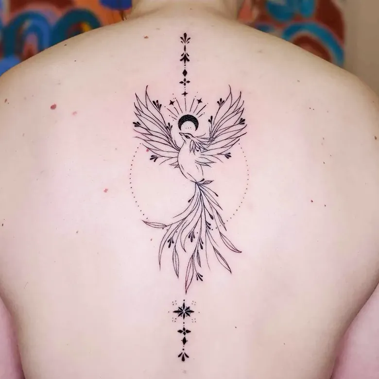 Celestial Fine Line Phoenix Spine Tattoo